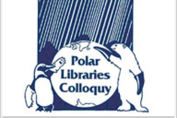 cartoon picture of penguin and walrus on stage on either side of a ball presenting it with writing on it that says Polar Libraries Colloquy