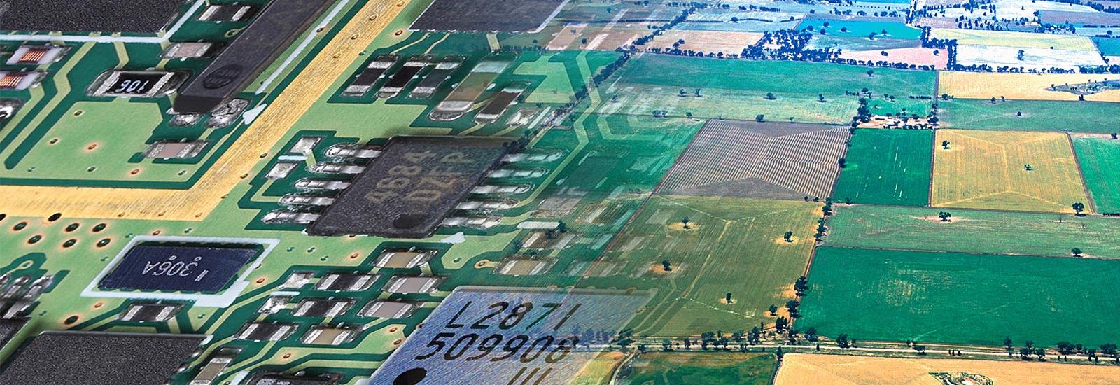 Ariel view of a farm made to look like a computer's motherboard.