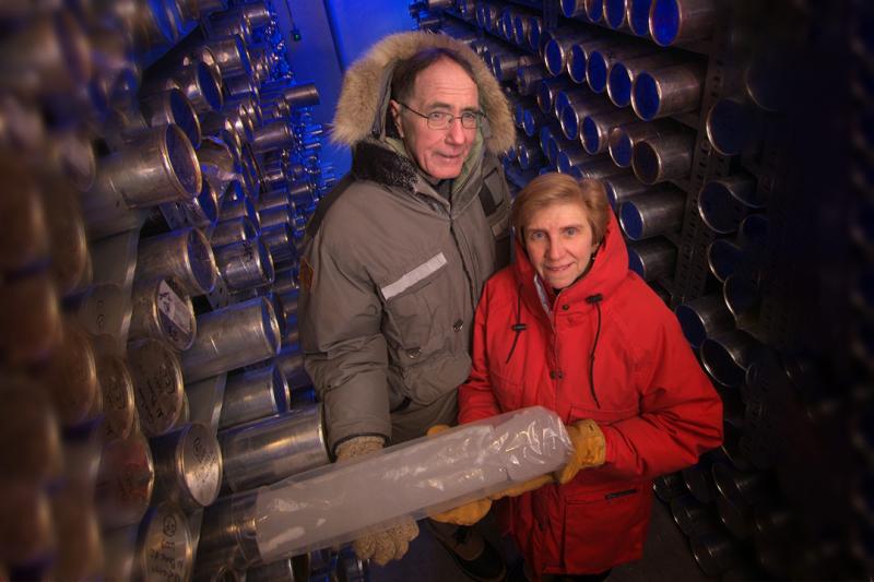 Dr. Lonnie Thompson and Dr. Ellen Mosley-Thompson hold up an ice core from the ice core collection 
