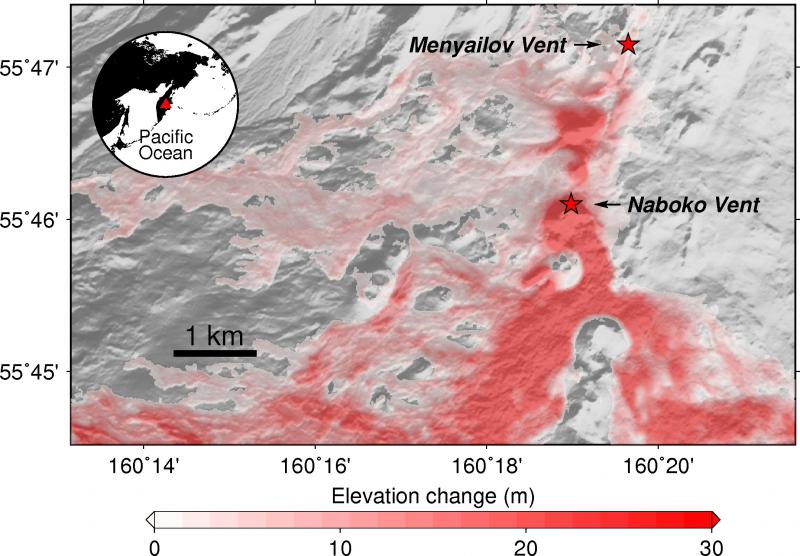 Figure 2: ArcticDEM, Elevation change at Menyailov Vent, and Naboko Vent.