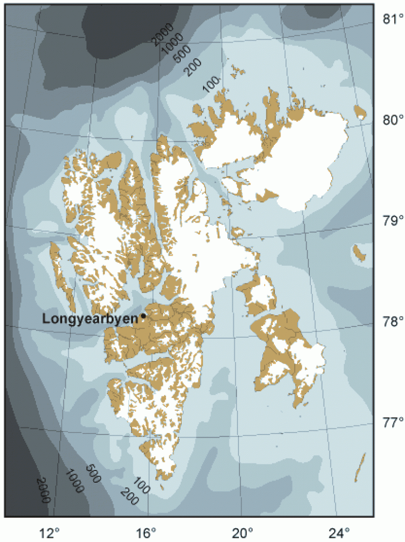 Svalbard glaciers and bathymetry (28k)