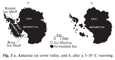 Two models of Antarctica. In the first, there are ice sheets marked and there is plenty of grounded ice. In the second, the ice sheets are gone and the grounded ice has shrunk.