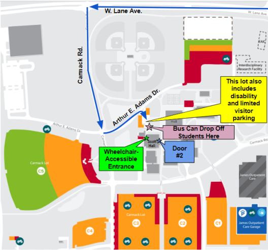 Directions for arriving to the Byrd Center by school/charter bus and disability parking adjacent to the building.
