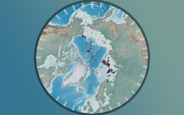 A circular map centered on the North Pole showing the northern hemisphere. The map is backed by a blue to green gradient.