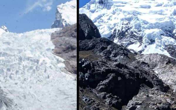 2 photos of a glacier side by side showing the melting.