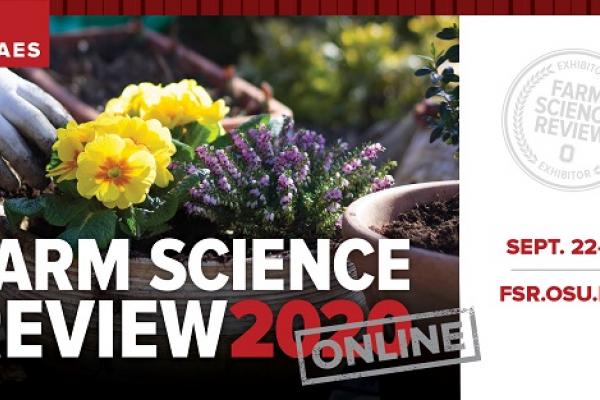 Gardner tending to flowers. Logo for Farm Science review 2020