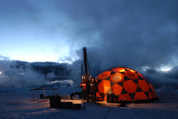 Ice core drilling at night.