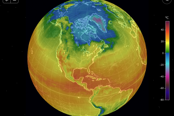 Image of Fluid Earth Viewer showing temperatures for the planet