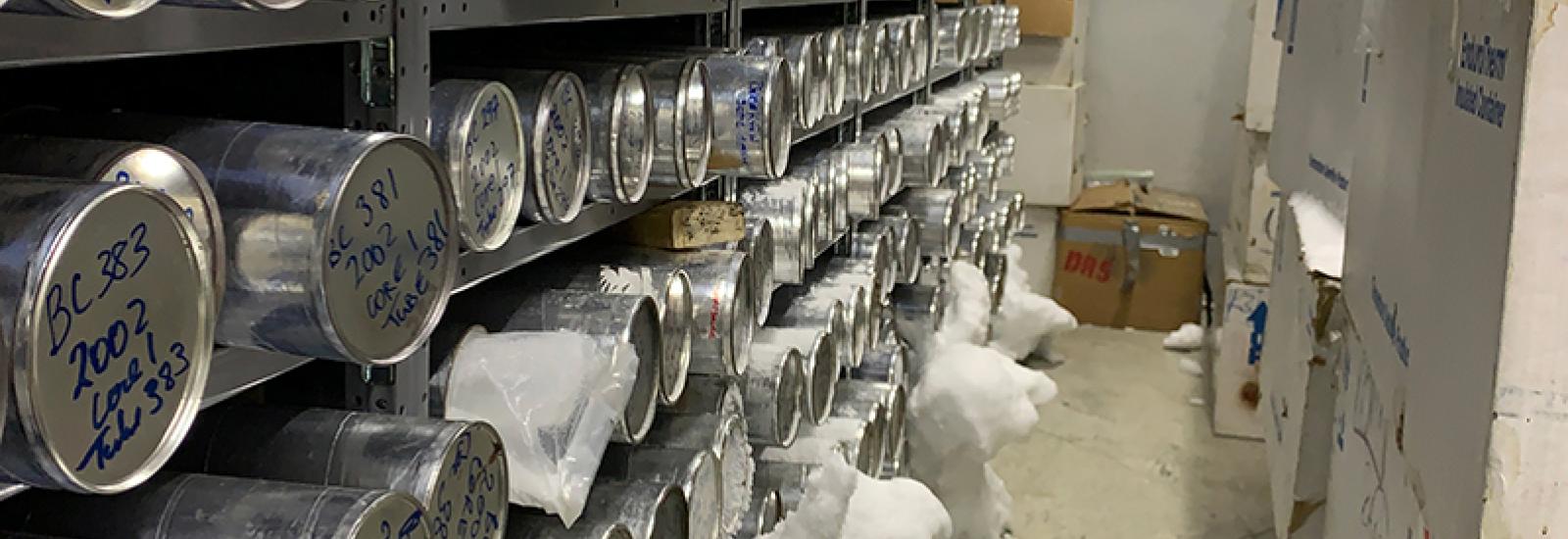 Ice core freezer facility. Ice cores are stored on shelves from floor to ceiling  