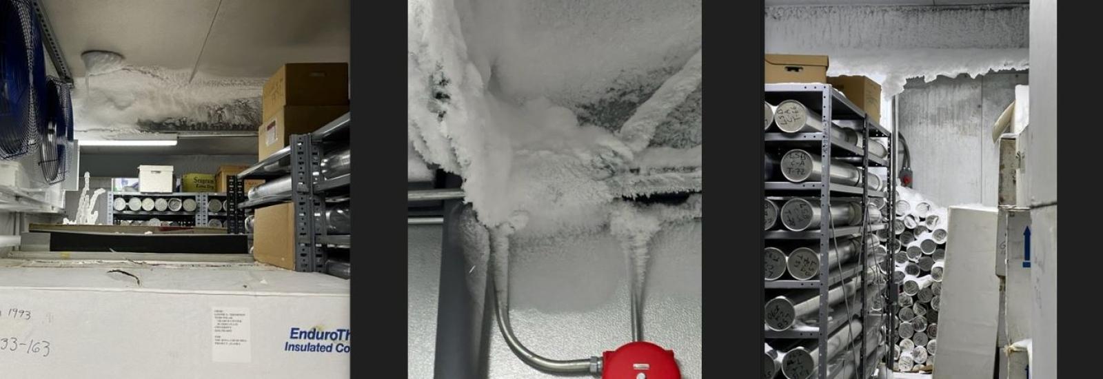 3 images side by side of the Ice Core Facility showing frost buildup on ceiling and around light fixture and fire alarm and on canisters